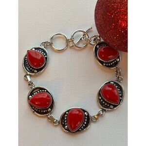 925 Sterling Red Coral Teardrop Bracelet